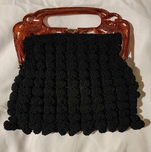 1930 1940 Black Popcorn Crochet Handbag  Lucite BakeLite Handle Pheasant Bird